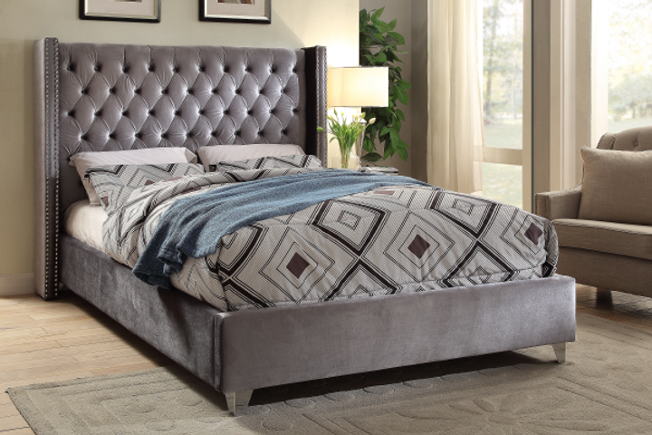 Dark Grey Velvet Tufted Bed