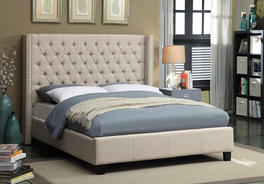 Beige Fabric Tufted Bed